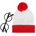 Fvviia Winter Beanie Hat Adult Knit Hat Red White Pom Pom Beanie Hats and Glasses Costume for Women and Men (Red-White-1PACK)