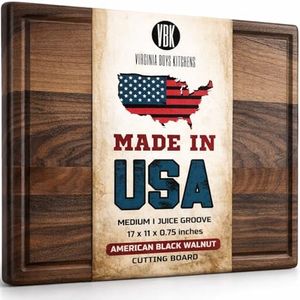 Made in USA Black Walnut Wood Cutting Board by Virginia Boys Kitchens - Butcher Block Wooden Carving Board with Juice Well made from Sustainable Hardwood (17x11)