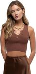 August Sky Women's Knit Crop Top - Sleeveless Ribbed with Snap Button Closure Tank Top, Solid_brown, Medium