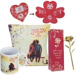 Next Bazaar Valentines Day, i love you forever and ever quote printed cushion cover with filler( yellow 12 x 12 ) Mug 330 ml and 1 Artificial rose - Gift for Girlfriend-Boyfriend-Wife-Husband-Men-Birthday