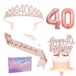 Rose Gold 40th Birthday Decorations for Women 40th Birthday Sash Tiara Set, 40th Birthday Party Pack Sash Crown Number 40 Foil Balloons Birthday Cake Topper Candle, 40th Birthday Gifts for Women Her