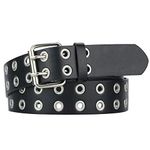 Alphyly Neries Grommet Leather Belts for Women, Double Prong Buckle Vintage Punk Jeans Belts, Black Belt For Waist Under 40''