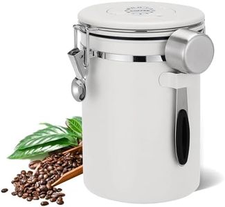 Airtight Coffee Canister, 1.8L/60oz Large Stainless Steel Kitchen Storage Container with Measuring Scoop, Date-Tracker and CO2-Release Valve for Grounds Coffee Beans Tea Sugar Cereal Flour(White)