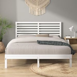 Zinus Kai White Double Bed Frame Bamboo Wood and Metal Bed Base