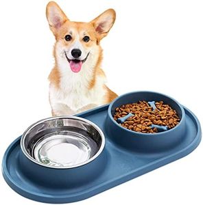 Dog Food Bowls Puppy Slow Feeder Non-Skid and Non-Spill Silicone Pads Dry Food Slow Eating Bowl Removable Stainless Steel Food and Water Dishes for Small Medium Dogs and Cats (Blue)