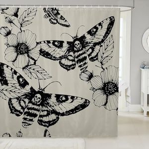Gothic Skull Bathroom Shower Curtain Set Decorative Death Moth and Flowers Bath Curtain Kids Stalls Decor Pesonalized Skeleton Bones Shower Curtain Black Cream Waterproof Bathroom Curtains 72"x84"