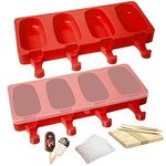 Kettion 2 Pack Popsicle Silicone Molds, 4 Cavities Reusable Mini Silicone Ice Pop Molds Oval with 50 Wooden Sticks and 50 Packing Bags, for Homemade DIY Ice Cream Molds Cakesicle Molds (102, Red)