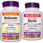 Webber Naturals Melatonin 10 mg Maximum Strength & Biotin 10,000 mcg Extra Strength, 120 Capsules, Supports Healthy Hair, Skin & Nails, Energy Metabolism, Vegan