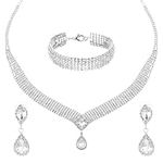 3 Pcs Silver Sparkly Jewelry Set Rhinestone Necklace and Bracelet Set Crystal Necklace Bracelet Teardrop Earrings Sets for Bridal Bridesmaid Formal Wedding Dainty Sparkly Necklaces for Women