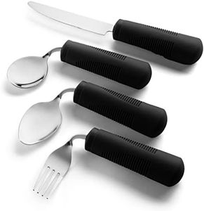 Special Supplies Adaptive Utensils (4-Piece Kitchen Set) Weighted, Non-Slip Handles for Hand Tremors, Arthritis, Parkinson’s Elderly use - Stainless Steel Knife, Fork, Spoons (Black Weighted Bendable)