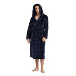 Vulcanodon Mens Robe with Hood, Fleece Bathrobe Plush Robes for Men, A01buffalo Plaid-navy, Small-Medium