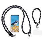 AHABIPERS Phone Lanyard, Nylon Phone Lanyard Neck Strap + Wrist Strap Hand Lanyard (10mm Thick), Universal Mobile Phone Chain for Phone Cases, 2X TPU Phone Patch with Metal Ring - Black