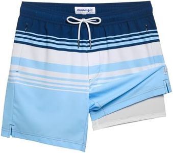 maamgic 2 in 1 Mens Swim Trunks 7 Inch Swim Shorts Swim Suits Board Shorts Blue White Horizontal Stripe XL