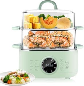 Skyehomo Vaporera Eléctrica con 2 Inox cestas apilables, 1000W vaporización rápida Capacidad 9.3 L con 24H Timer, Olla Vaporera mantenimiento del calor 6H, Vaporera eléctrica de cocina 8 modo, Tapa PC