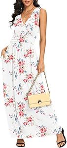 LILBETTER Women Sleeveless Deep V Neck Loose Plain Long Maxi Casual Dress(Flower White,X-Large)