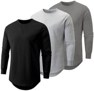 JMIERR Men's 3 Pack Cotton Hipster Hip Hop Longline Crewneck Long Sleeve T-Shirt, T Shirts for Men Pack, US 52(4XL), B-Black/Light Grey/Dark Grey