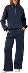 Aleumdr Two Piece Sets for Women Sweatsuit Tracksuits Zip Up Sweatshirt Fleeced Wide Leg Sweatpants 2024 Fall Athleisure Sweat Matching Sets Women Clothing Cotton Lounge Sets Navy Blue Medium