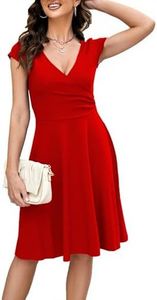 oxiuly Women's Chic V-Neck Cap Sleeve Floral Casual Work Stretch Swing Dress OX233 (M, Dark red)