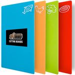 Gorilla Grip Thin Silicone Set of 4 Flexible Cutting Boards, Durable Food Chopping Mats, Color Coded Icons for Meat, Fish and Vegetables, Textured Backing, Non Porous, Dishwasher Safe, Multicolor