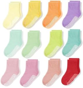CozyWay Chaussettes d'équipage en coton antidérapantes pour enfants 12 paires pour tout-petits poignées antidérapantes chaussettes colorées garçons filles 1-3 ans