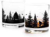 Black Lantern Whiskey Glasses Set of Two – Bigfoot in the Forest Rocks Glass Set - Bar Glasses - Set of 2 11oz. Rocks Glasses - Father's Day Drinking Glasses