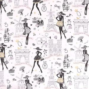 Craftine Tissu Coton imprimé Arty Moi Paris Noir, doré et Rose sur Fond Ecru - par 50 cm