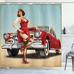 ABAKUHAUS Pin up Girl Shower Curtain, Short Dutch Haircut Style Brunette Lady Standing in Front of a Car, Cloth Fabric Bathroom Decor Set with Hooks, 78 Inches, Multicolor