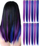 YaFex 12 Pcs Clip in Hair Extensions, 22 Inch Colored Hair Extensions Party Highlights Long Straight Synthetic Hairpieces for Women Kids Girls (Purple + Sapphire Blue)