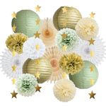 Sage Green Party Decorations Baby Shower Decorations Sage Green and Gold Paper Lanterns Cream Paper Fans Pom Poms for Birthday Decorations Sage Green White Gold Bridal Shower Wedding Engagement Party