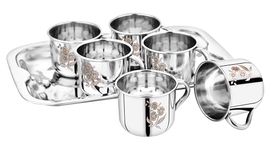 YM STAINLESS STEEL - Deluxe Royal Tea & Coffee Cup with Tray | 140ml | Laser Design | Silver Mirror Finish | Durable | Gifting Item | Set of 7