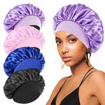 4PCS Silk Bonnet for Sleeping - Hair Satin Bonnets for Black Women Men,Hair Wrap Cap for Curly Hair,Elastic Wide Band Hair Bonnet Shower Cap for Sleeping (Black & Sapphire Blue & Pink & Purple)