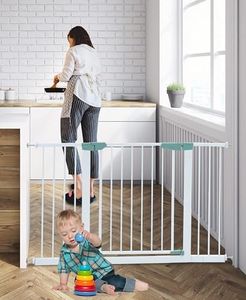 BABY JOY Baby Safety Gate, 76-132CM Extra Wide Tall Auto Close Safety Banister for Kids, Easy Step Dog Gates, Heavy Duty Metal Walk Thru Pets Door for Doorways, Stairs, Hallways, White