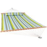 Sunnydaze 2 Person Quilted Fabric Hammock with Spreader Bars and Detachable Pillow Heavy Duty 450 Pound Capacity, Blue and Green