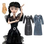 Wednesday Addams Dolls, 11.5 inch Black Dress, Wine Lip, with 2 Dots and Strip Dresses, Made to Move Dolls, Birthday Gifts for Kids Girls Fans