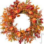 Fall Leaves Wreaths for Front Door Outside 22", Artificial Autumn Wreaths with Orange Berries Leaves Physalis Thanksgiving Wreath for Front Door Wall Window Decor for Harvest Farmhouse