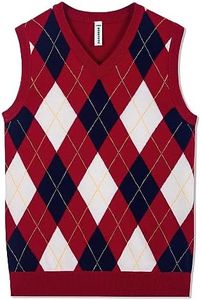 BOBOYOYO Boys Argyle Sweater Vest 100% Cotton V-Neck Vest Kids Uniform Sleeveless Sweaters for Children 5-12Y, Red & Navy, 7-8 Years