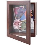 Frametory, Shadow Box Case - Front Opening - Item Holder - Wall Display, Back Hangers - Great for Travel Souvenirs, Plane Tickets, Brochures (8x10.5, Walnut)