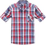 Bienzoe Boys Buttton Up Shirt: Kids Plaid Roll Up Collared Casual Cotton Shirts 11/12 Red/Blue