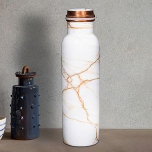 Allo Pure Copper Water Bottle 1 Litre Copper Bottle | Alkaline and Anti Oxidant | 100% Leak Proof, Office, Gym Bottle, Modern Tamba Bottle for Adults, Best Gift for Diwali (White Golden Marble)
