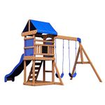 Backyard Discovery Aurora Cedar Wooden Swing Set – Outdoor Kids Playset with Slide, Belt Swings, Clubhouse Fort & Chalkboard, Ages 3–6, Backyard Play Structure