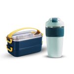 Yelona 1.6 Litre Stackable Bento Box Lunch Box Containers with 480 ML Insulated Leak-Proof Coffee/Beverage Tumbler for Dining Out, Work, School, Picnic - Navy Blue