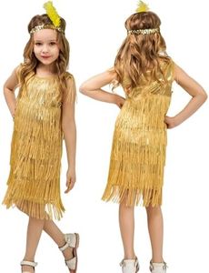 AIEOE Latin Dance Dress for Girls Sequin Tassel Latin Dance Costume Latin Rumba Dance Dress Ballroom Dancewear 7-9 Years Gold