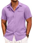 COOFANDY Men's Linen Beach Shirt Casual Short Sleeve Button Down Shirts Summer Basic Button Up Shirts with Pocket Light Purple