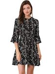 Allegra K Women's Floral Bell 3/4 Sleeves Tie Neck Ruffle Hem Dress Black L-16