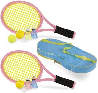 Kids Tennis Rackets with Carrying Bag,Soft Training Balls and Badminton Birdies,12 in 1 Tennis Racquets Gift Set for Children Outdoor Indoor Sports (Blue+Pink,Plastic,17inch)