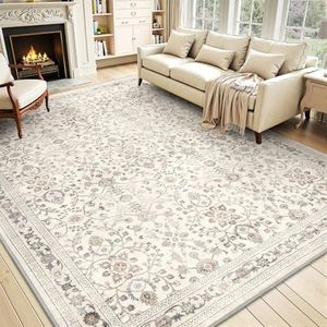 Beige Vintage Area Rug 244cm x 305cm Beige for Living Room - Soft Distressed Printed Carpet for Bedroom - Non Slip, Machine Washable for Dining Room, Bedside, Office