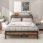 BOFENG Black Queen Size Bed Frame with 2-Tier Storage Headboard and Charging Station,Heavy Duty Platform Bed Frame Queen Size Under Bed Storage No Box Spring Needed,Noise Free,Rustic Brown