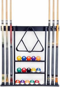 Iszy Billiards Pool Cue Rack - Billiard Stick Holder Only - 100% Wood Wall Mount Holds 6 Cues and a Full Set of Balls - Pool Accessories, Black