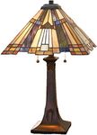 Quoizel TFT16191A1VA Inglenook Interior Tiffany Style Classic Geometric Handcrafted Art Glass Amber Cream/Blue/Green Art Glass Table Lamp, 2-Light 150 Total Watts, 25" H x 16" W, Valiant Bronze