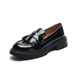 Womens Penny Loafers Platform Tassels Chunky Soft Flats Ladies Black Patent Oxford Work Shoes Girls School Shoes Size 2.5-8UK (5.5,Black)